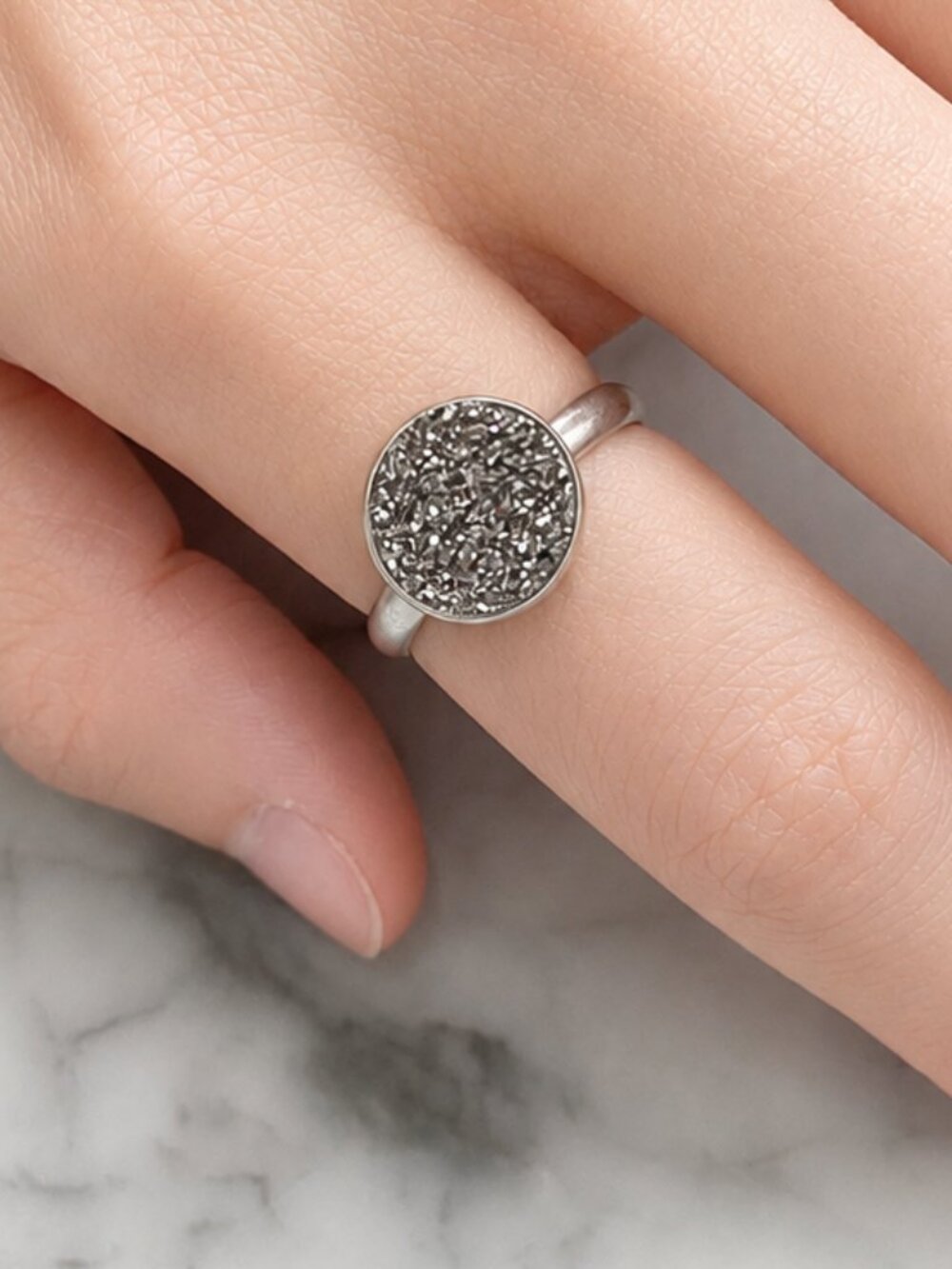 Silver Tone Druzy Crystal Adjustable Statement Ring